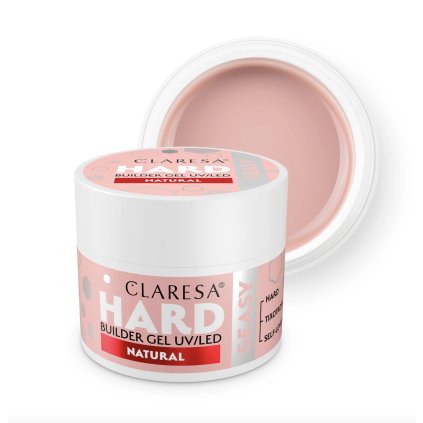 Claresa Gel HARD & EASY NATURAL Kamuflážny stavebný tixotropný gél so stredne hustou konzistenciou. Tvrdý a odolný. Nesteká, nezalieva kožičky a nepáli v lampe. Ideálny na predlžovanie, spevnenie aj techniku bez pilovania.