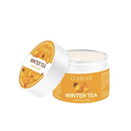 CLARESA BUTTER WINTER TEA 13g Vyživujúce maslo na kožičku s vôňou škorice, vanilky a pomaranča. Obsahuje maslo shea, ricínový a hroznový olej – zjemňuje, regeneruje a chráni pokožku pred vysušením.