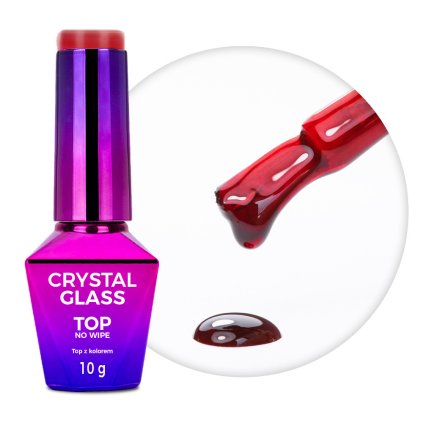 Transparentný farebný top, ktorý dodá manikúre hĺbku, sklenený lesk a výrazný farebný efekt na akomkoľvek podklade. Molly Nails Top Crystal Glass Red 10g