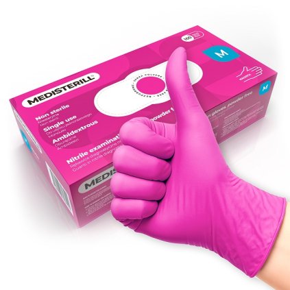 Jednorázové nitrilové rukavice Medisterill. Neobsahujú latex. V balení 100ks. Veľkosť M, ružová farba Medisterill Bezpúdrové nitrilove rukavice 100ks M Magenta