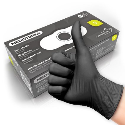 Jednorázové nitrilové rukavice Medisterill. Neobsahujú latex. V balení 100ks. Medisterill Bezpúdrové nitrilove rukavice 100ks S čierne
