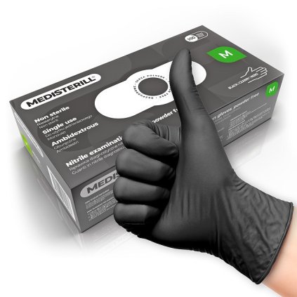Jednorázové nitrilové rukavice Medisterill. Neobsahujú latex. V balení 100ks. Veľkosť M, čierna farba. Medisterill Bezpúdrové nitrilove rukavice 100ks M čierne
