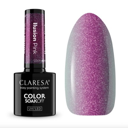 Polotransparentný ružový gél lak s chameleónovým efektom, ktorý prechádza od malinových tónov po jemné zlatisto-medenisté odlesky v závislosti od svetla a podkladu. Claresa gél lak ILUSION Pink