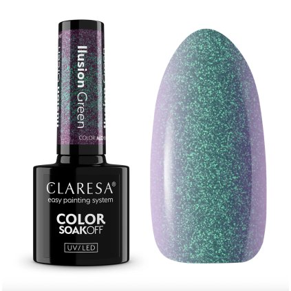 Polotransparentný zelený gél lak s chameleónovým efektom, ktorý mení odtiene od tyrkysovej po smaragdovú v závislosti od svetla, uhla pohľadu a podkladu. Claresa gél lak ILUSION Green