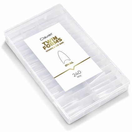 Twins Forms Oval Shape & Go 2v1 sú dvojité formy na predlžovanie nechtov určené na modeláciu oválneho tvaru pomocou gélu alebo akrygélu. Claver DUAL Twin Forms SHAPE & GO 2v1 240ks