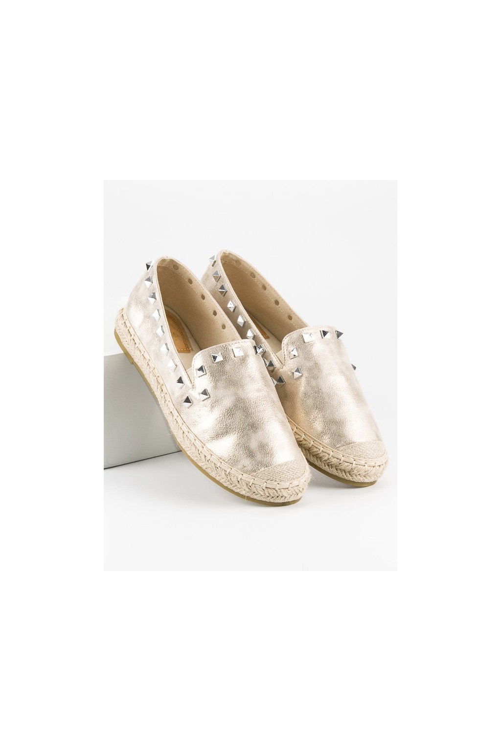 Zlaté dámske módne espadrilky s ozdobnými kamienkami na zastavanú pätu, kód produktu LX164GO