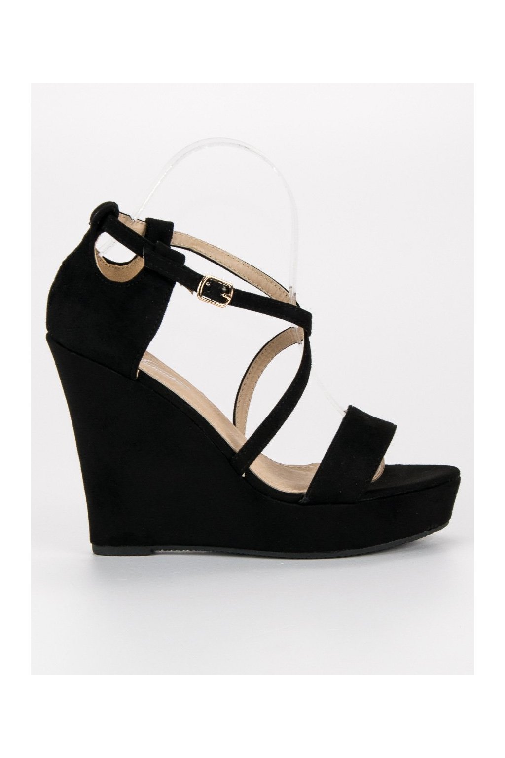 Čierne dámske semišové sandále na platforme s plnou pätou a eko kožou, kód produktu 3811-18B