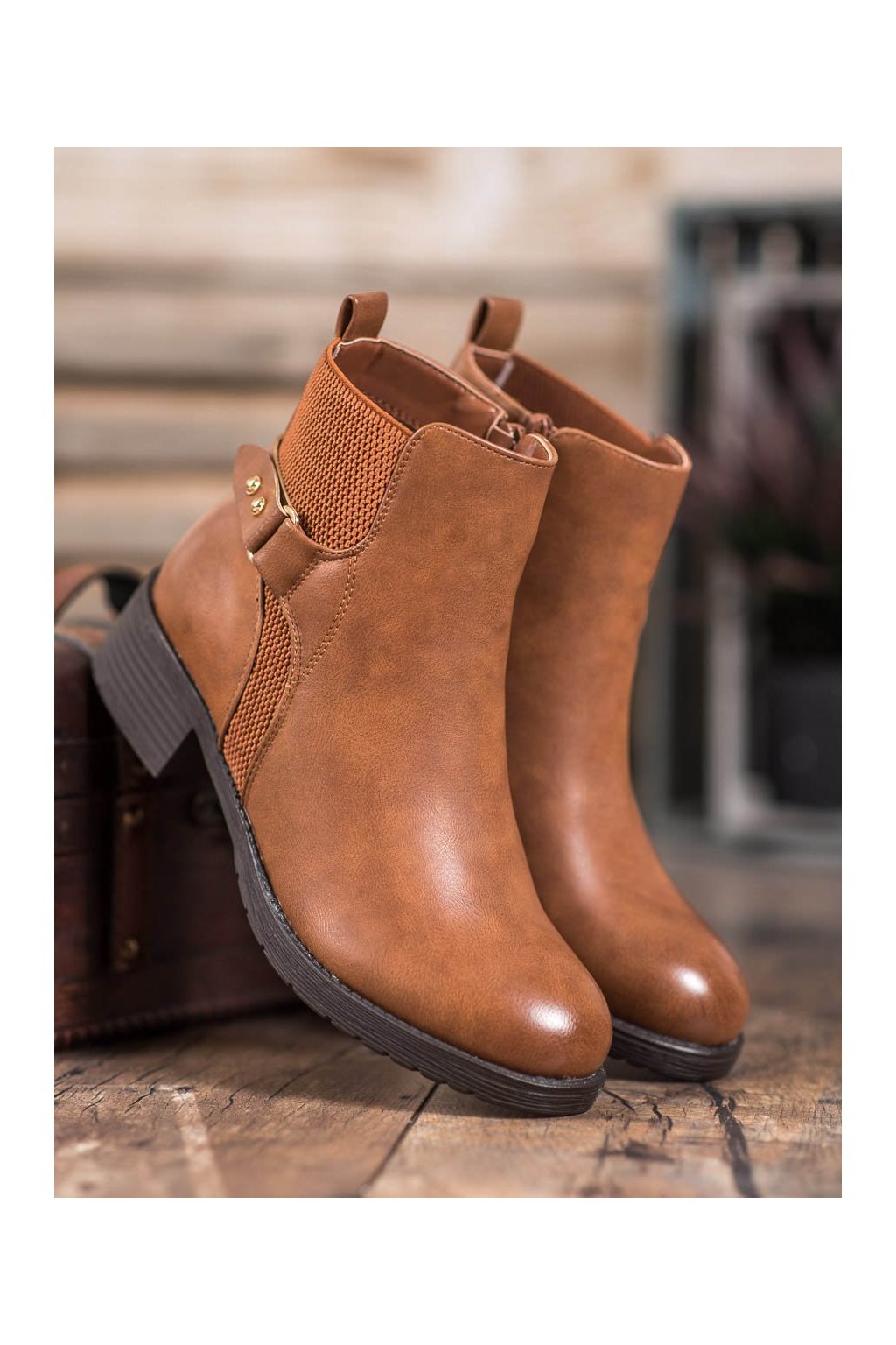 Hnedé dámske členkové topánky Shelovet z eko kože na rovnej podrážke, jeseň/zima, kód produktu NJSK 1089C