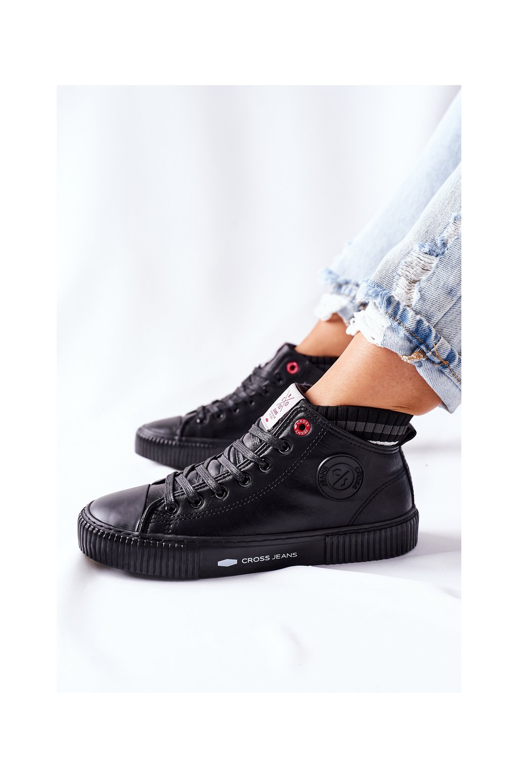 Čierne dámske tenisky Cross Jeans z eko kože s ponožkou pri členku, kód produktu II2R4021 BLK