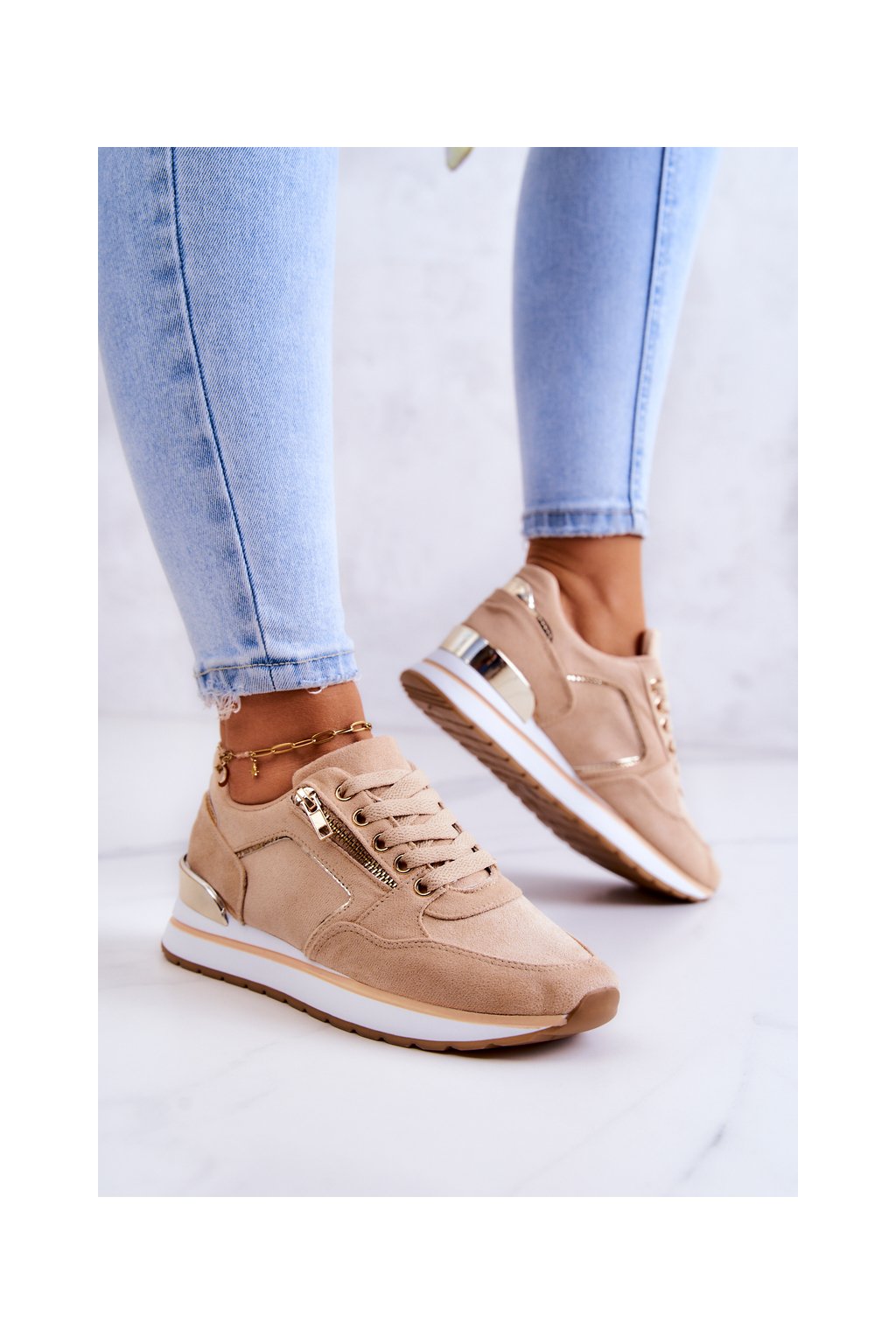 Hnedé dámske semišové tenisky po členok s eko kožou a zrkadlovými vloškami, kód produktu YL-83 KHAKI