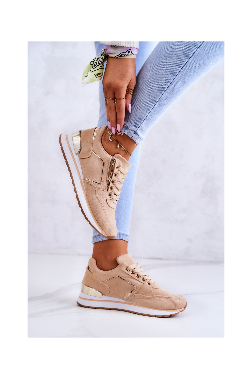 Hnedé dámske semišové tenisky po kotníky s eko kožou a platformou, kód produktu YL-83 KHAKI(D.BEIGE)