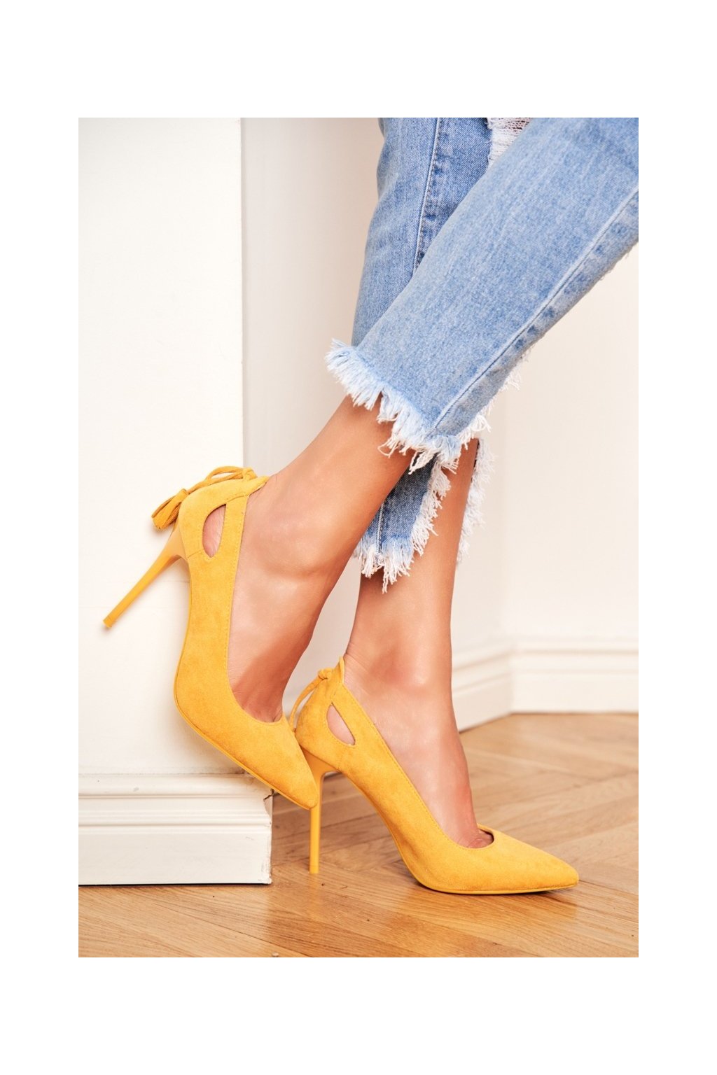 Žlté dámske semišové lodičky na ihlovom podpätku, kód produktu LE072/073P YELLOW