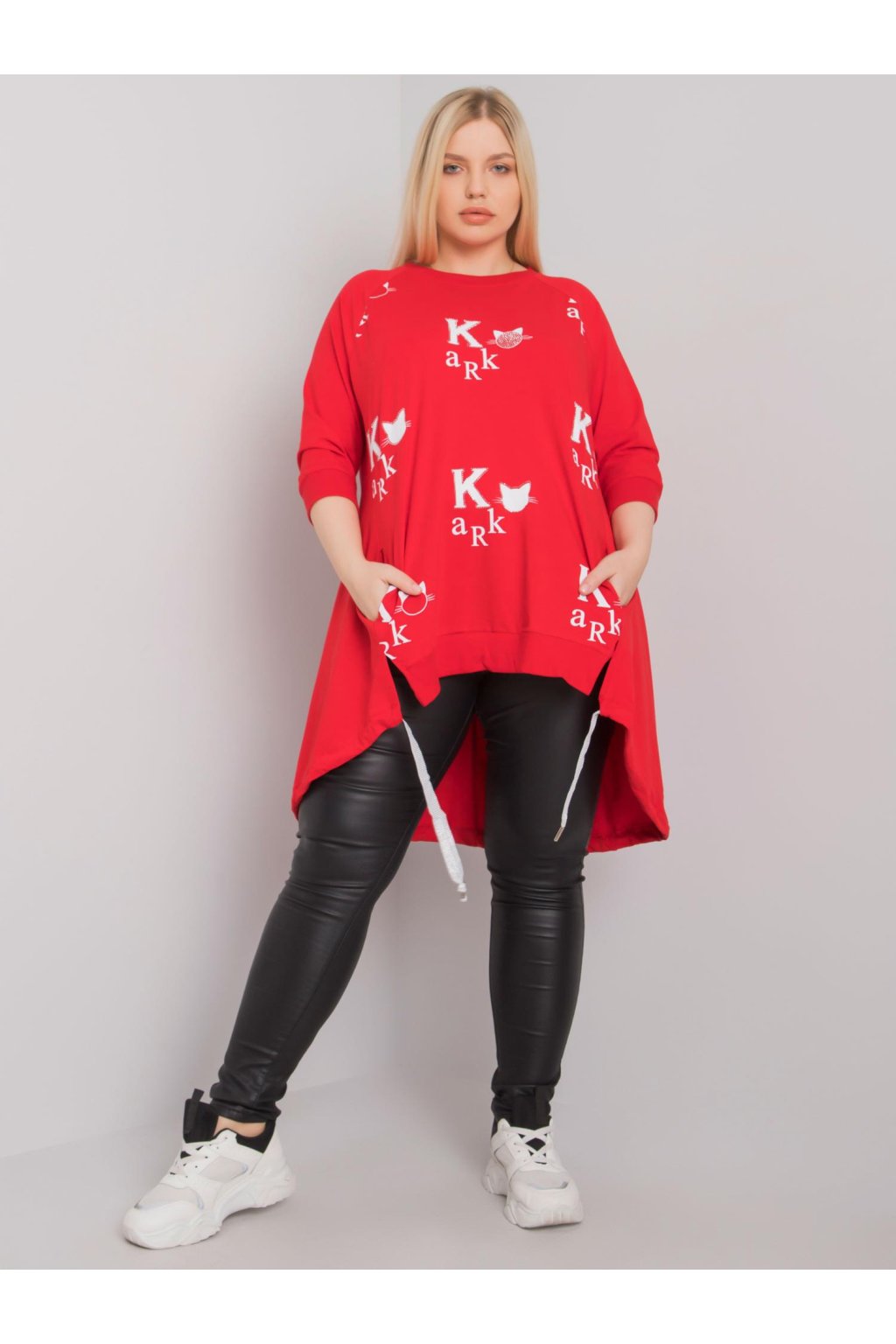 Červená dámska bavlnená tunika plus size s vreckami, kód produktu RV-TU-6797.47