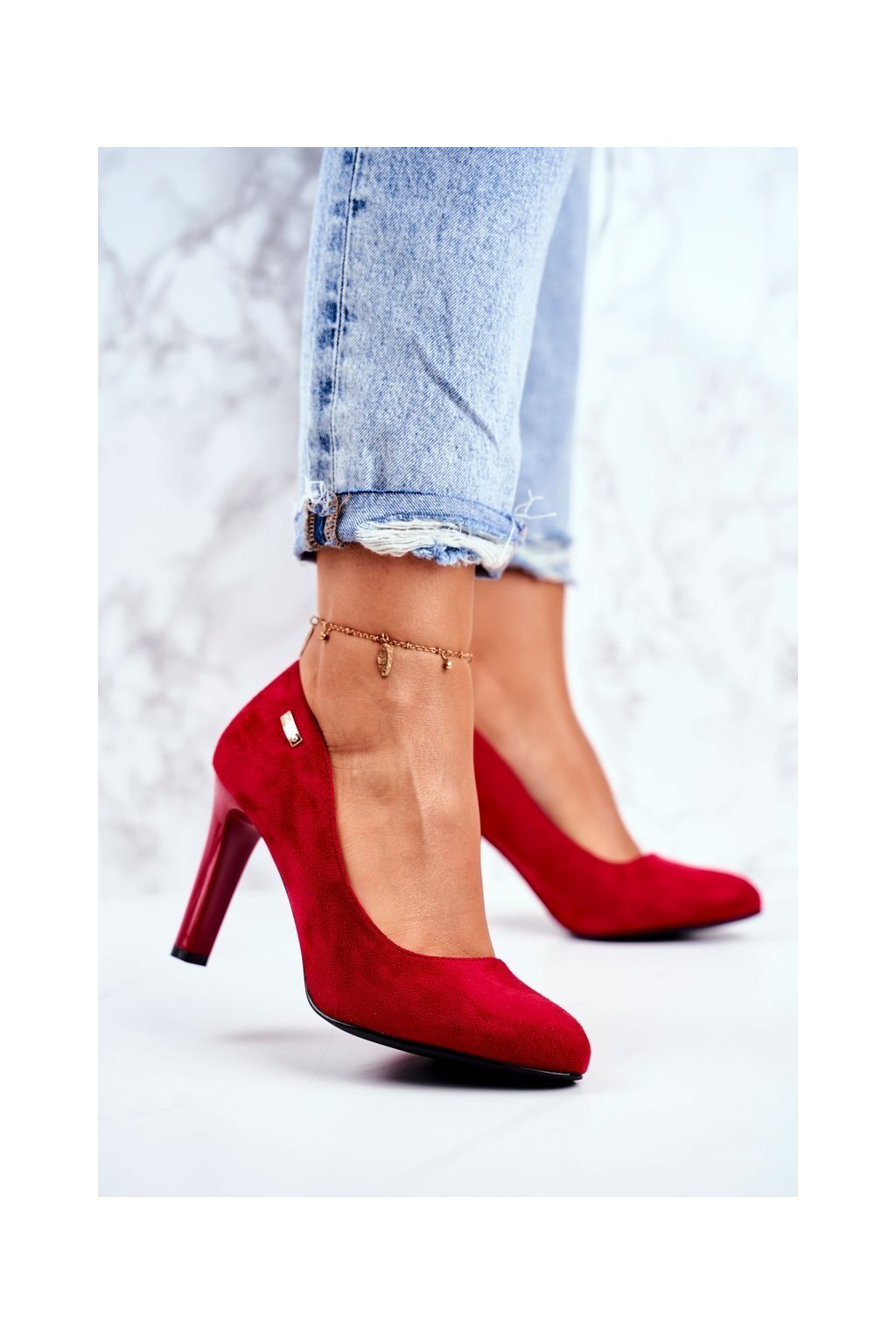 Červené dámske zamatové lodičky na opätku, kód produktu 1457 C.CZER.