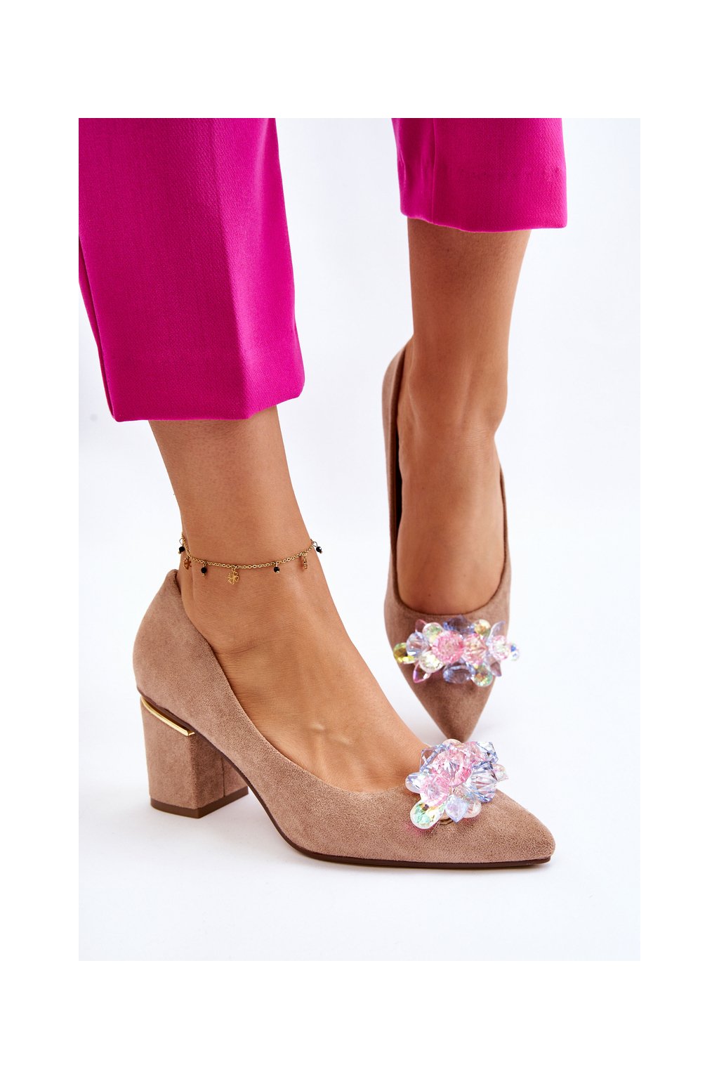 Dámske hnedé semišové lodičky na stĺpovom podpätku, kód produktu NS322P KHAKI