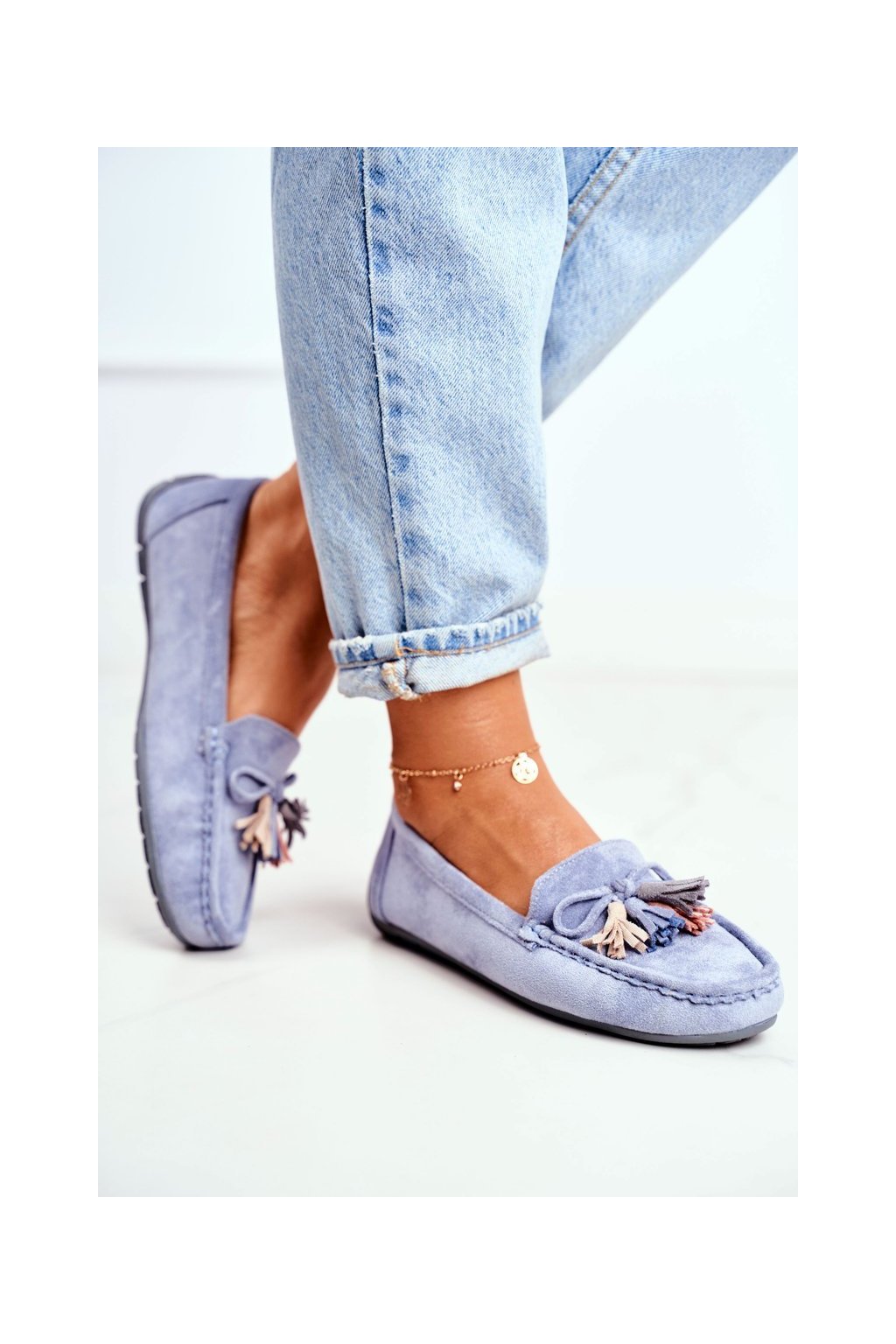 Dámske tmavomodré semišové mokasíny na rovnej podrážke EKO semiš, kód produktu 20PB35-2003 BLUE