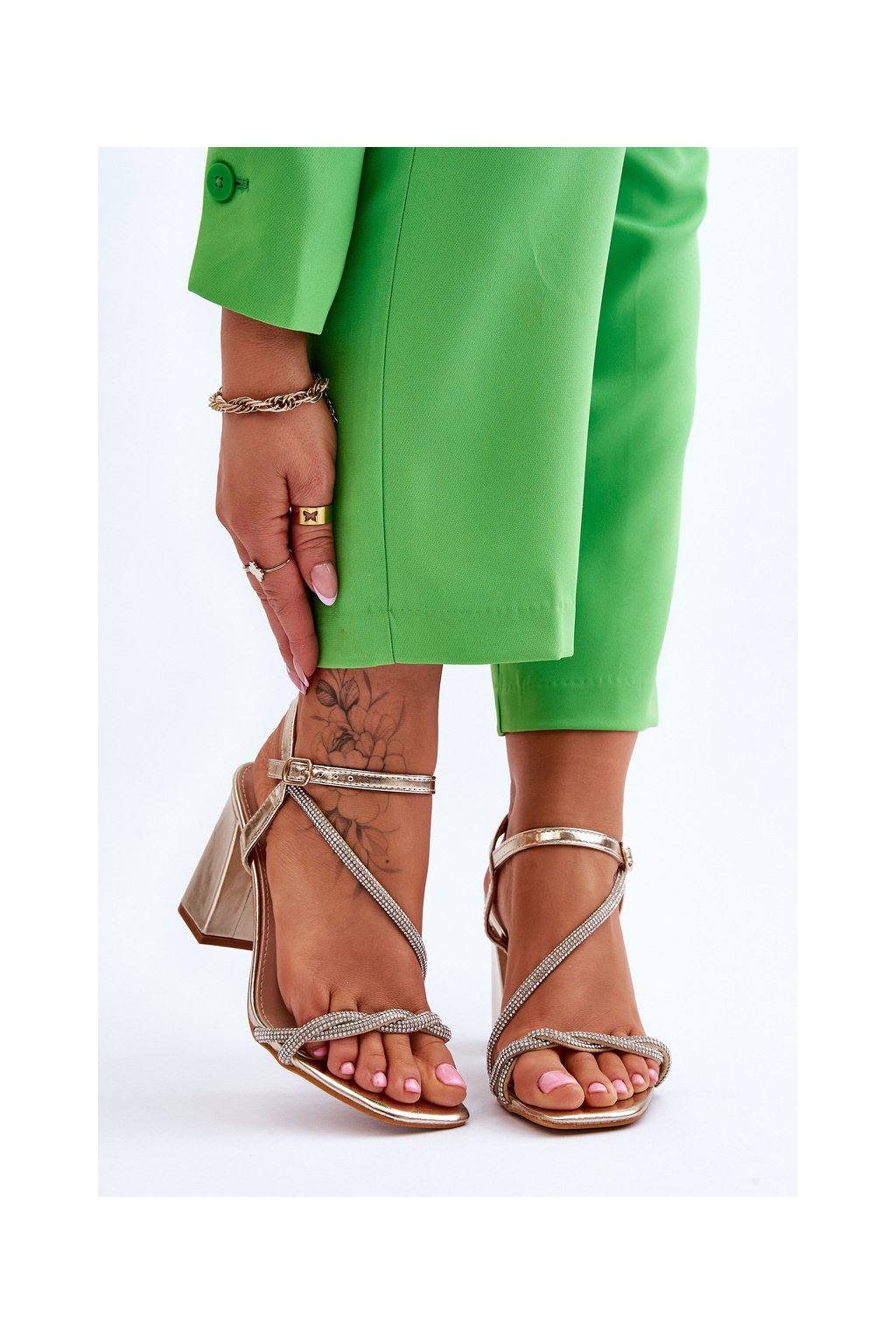 Zlaté dámske sandále s vysokým stĺpovým podpätkom z eko kože, kód produktu H8-292 GOLD