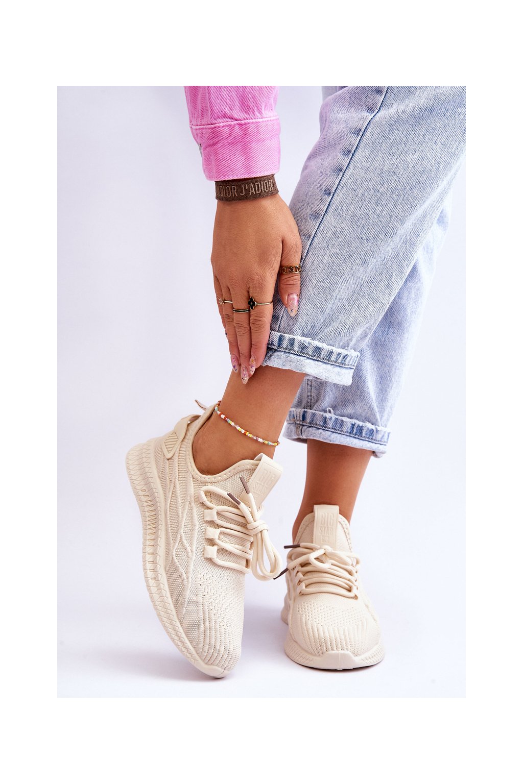 Béžové dámske tenisky na platforme Big Star s eko koženou vložkou a šnúrovaním, kód produktu LL274714 BEŻ