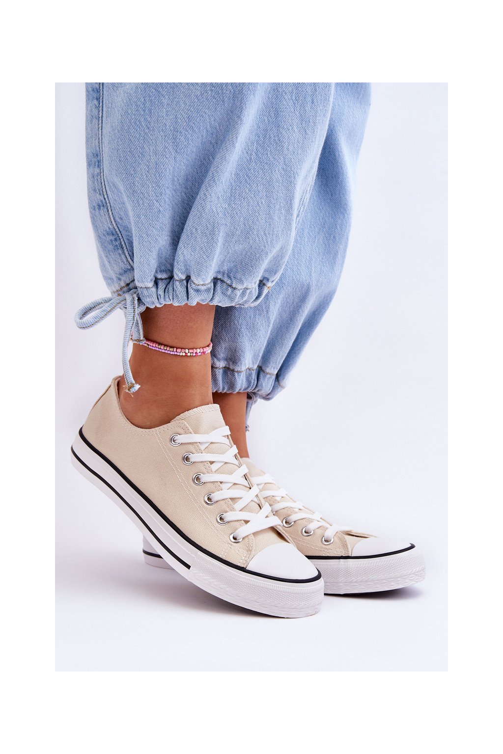 Dámske béžové šnúrované tenisky z textilu na rovnej podrážke, kód produktu 859-H PASTEL BEIGE