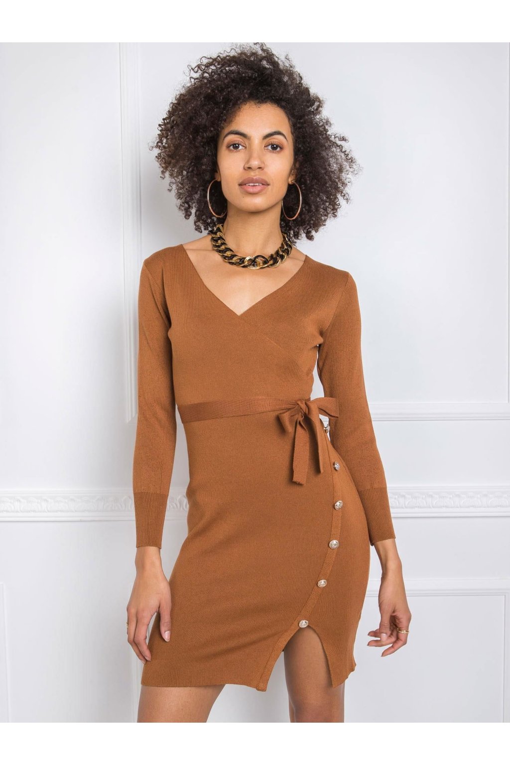 Dámske svetlo-hnede šaty pletene dizajnove kód produktu EM-SK-PL3965.14P