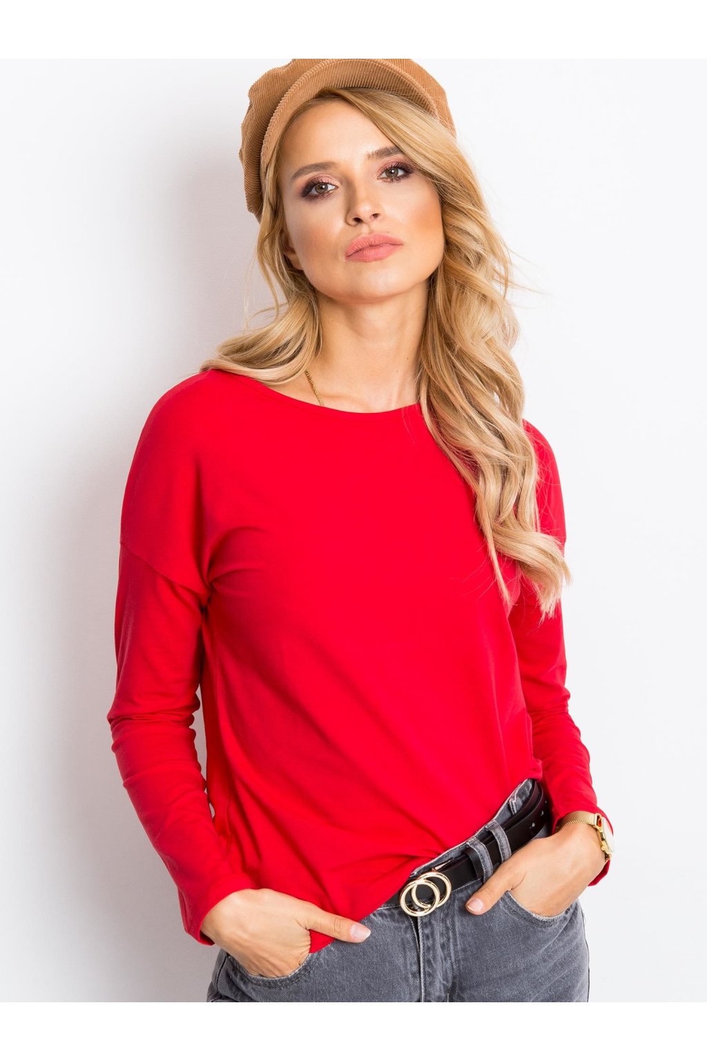 Červená dámska basic blúzka z bavlny a elastanu, kód produktu RV-BZ-5121.25P