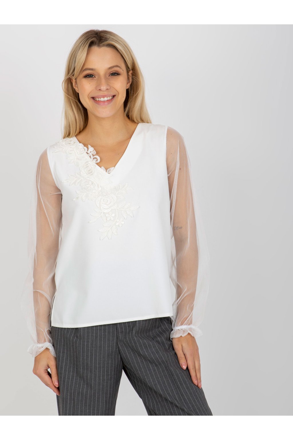 Dámska okrová formálna blúzka s dlhým rukávom, bavlna, polyester, elastan, kód produktu LK-BZ-506666.87P