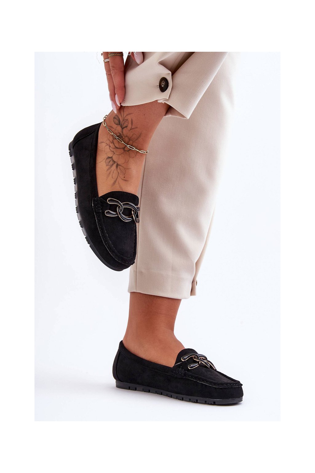 Čierne dámske semišové mokasíny na rovnej podrážke s eko kožou, kód produktu 1018 BLACK