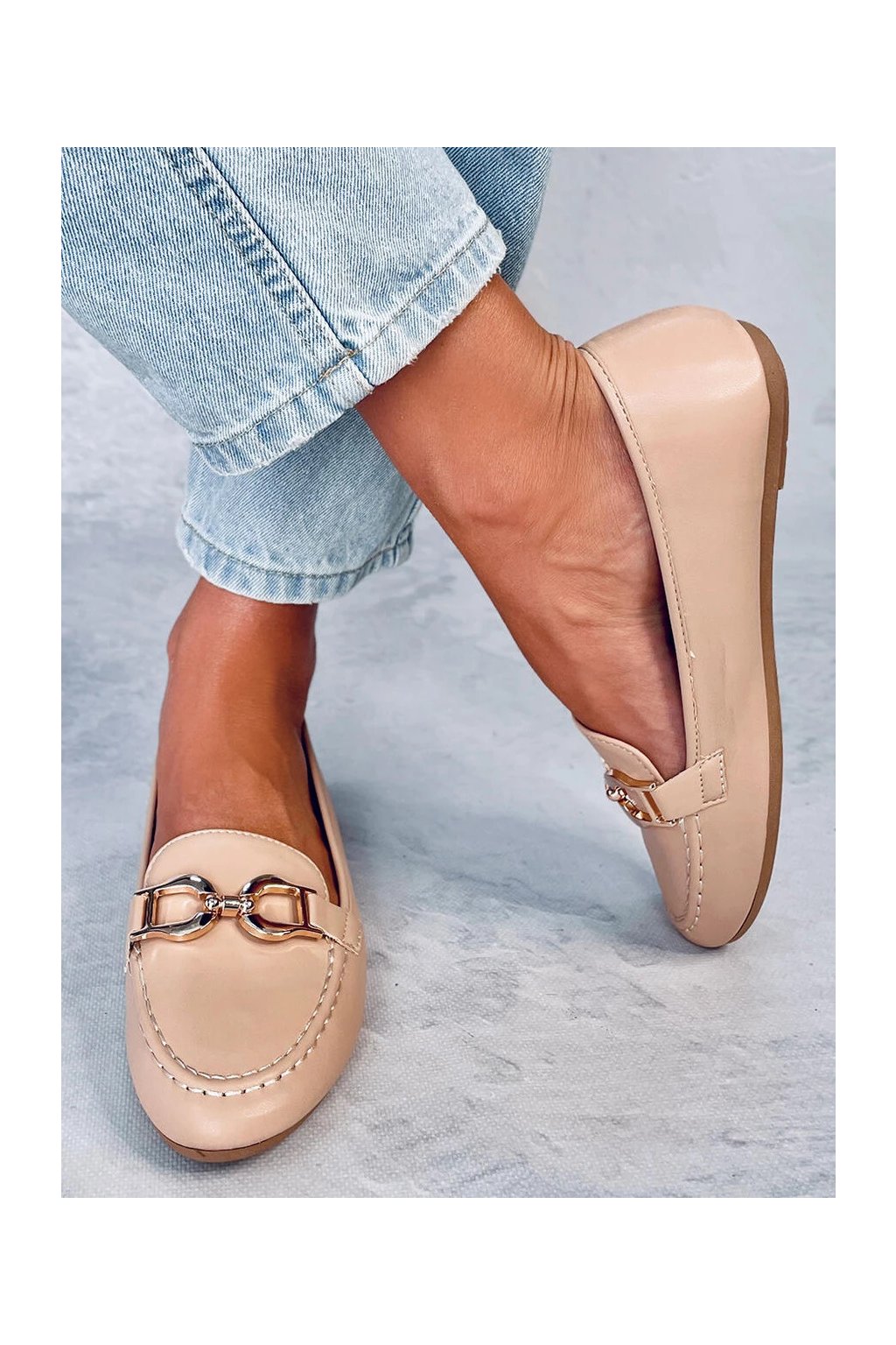 Béžové dámske elegantné mokasíny z eko kože, hladké, okrúhla špička, kód produktu TU206P