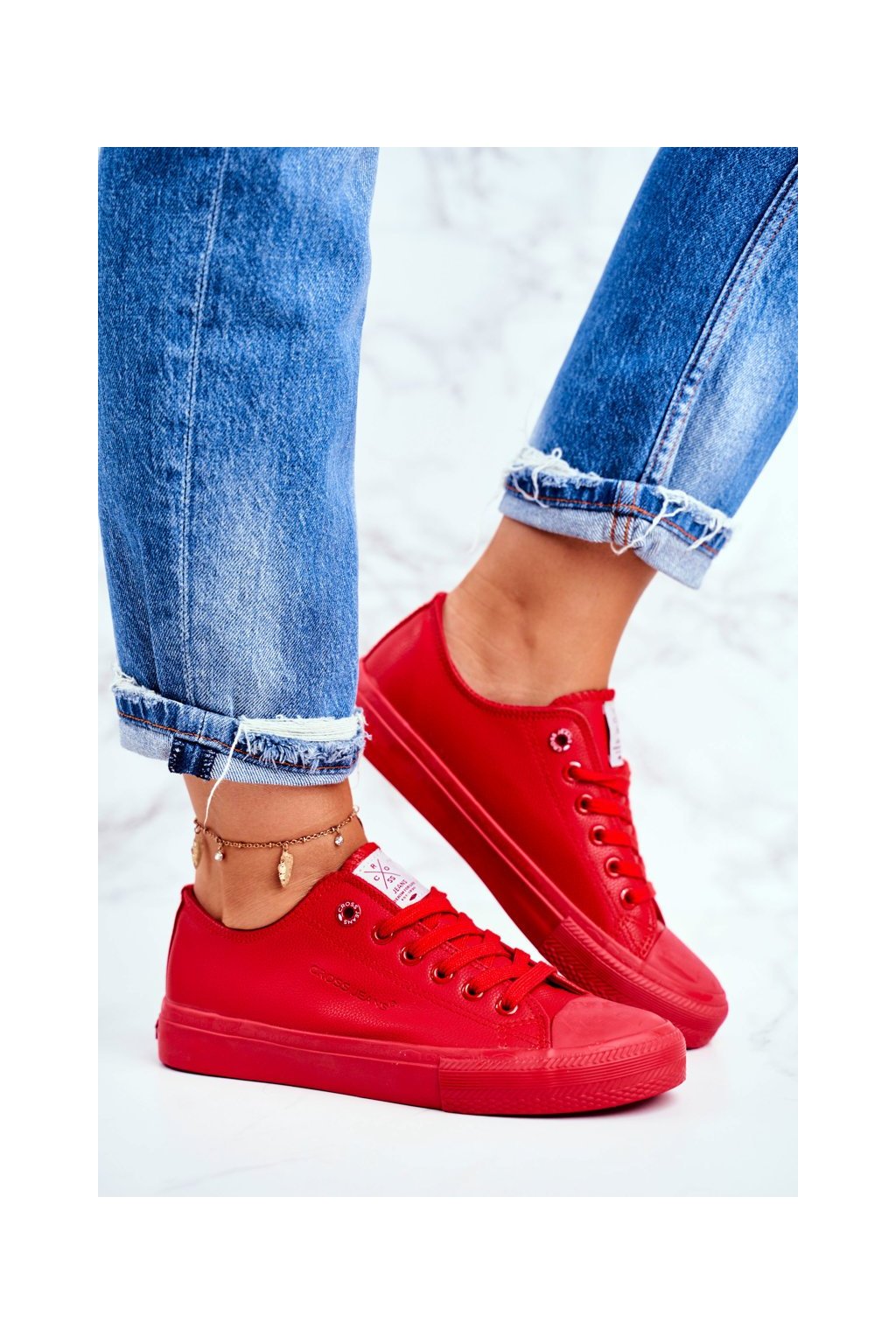 Červené dámske tenisky z eko kože na šnúrovanie, kód produktu DD2R4032 RED