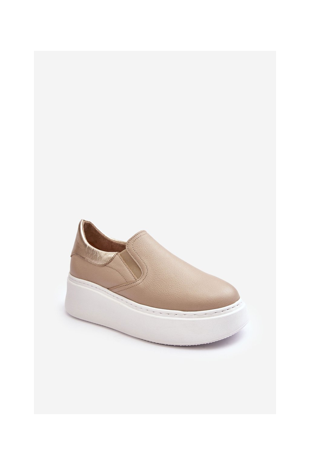 Béžové dámske kožené tenisky na platforme s prírodnou kožou, kód produktu 10151 V.TAUPE+KRYSZTAŁ ZŁ