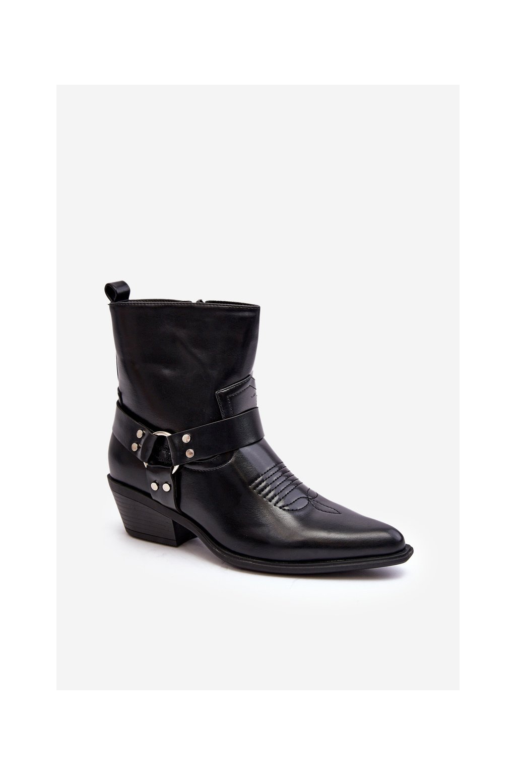 Čierne dámske členkové topánky z eko semišu na stĺpovom podpätku s vnútorne zateplenou obuvou, kód produktu 9369 BLACK