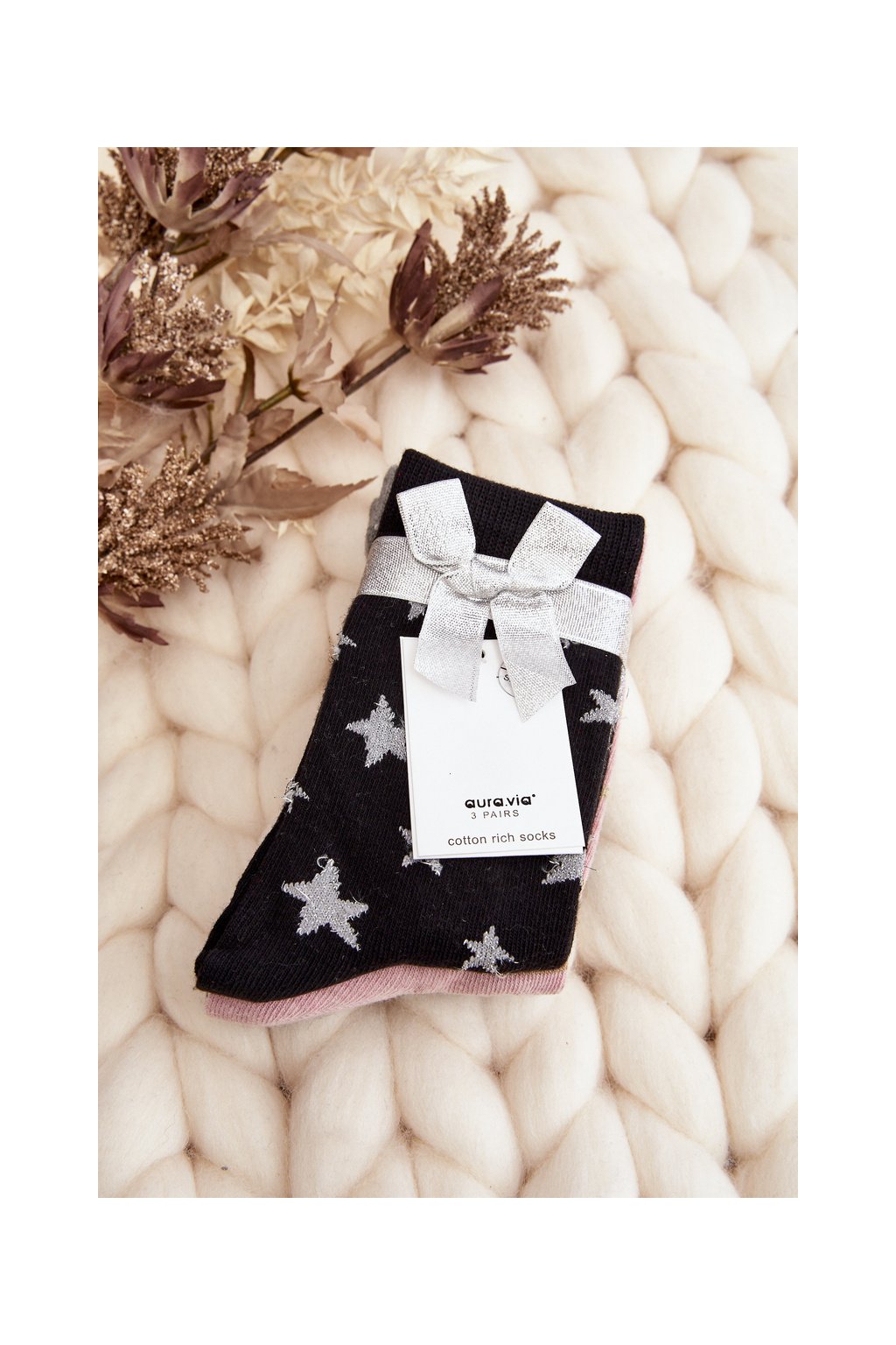 Dámske sivé vianočné ponožky s lesklou stuhou, sada 3 páry, kód produktu SK.29065/SNX7772