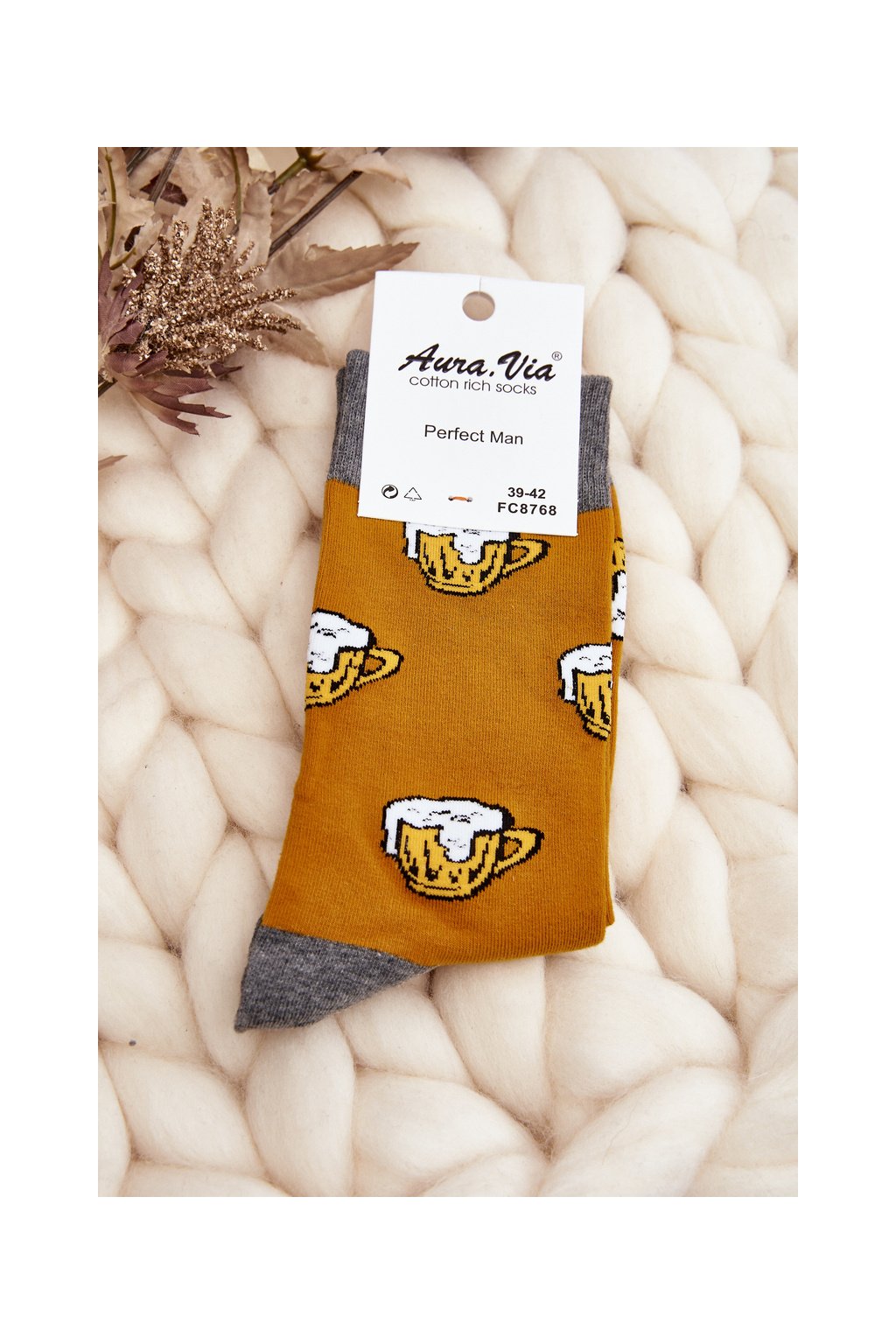 Žlté pánske bavlnené ponožky s mixom vzorov a sivými detailmi, kód produktu SK.29111/FC8768