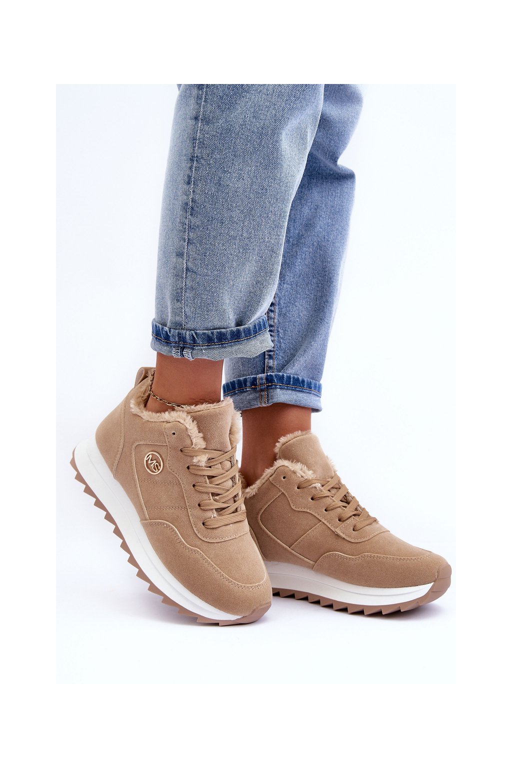 Béžové dámske platformové tenisky na šnúrovanie s eko kožou a hrejivou kožušinou, kód produktu TL233-63 KHAKI