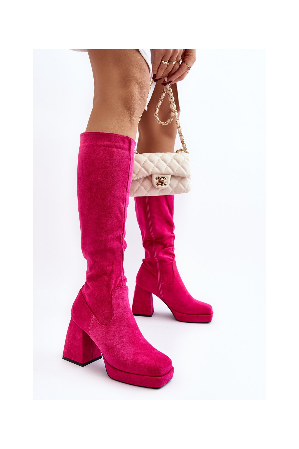 Ružové dámske členkové čižmy na stĺpovom podpätku s platformou, kód produktu 168-501 PEACH