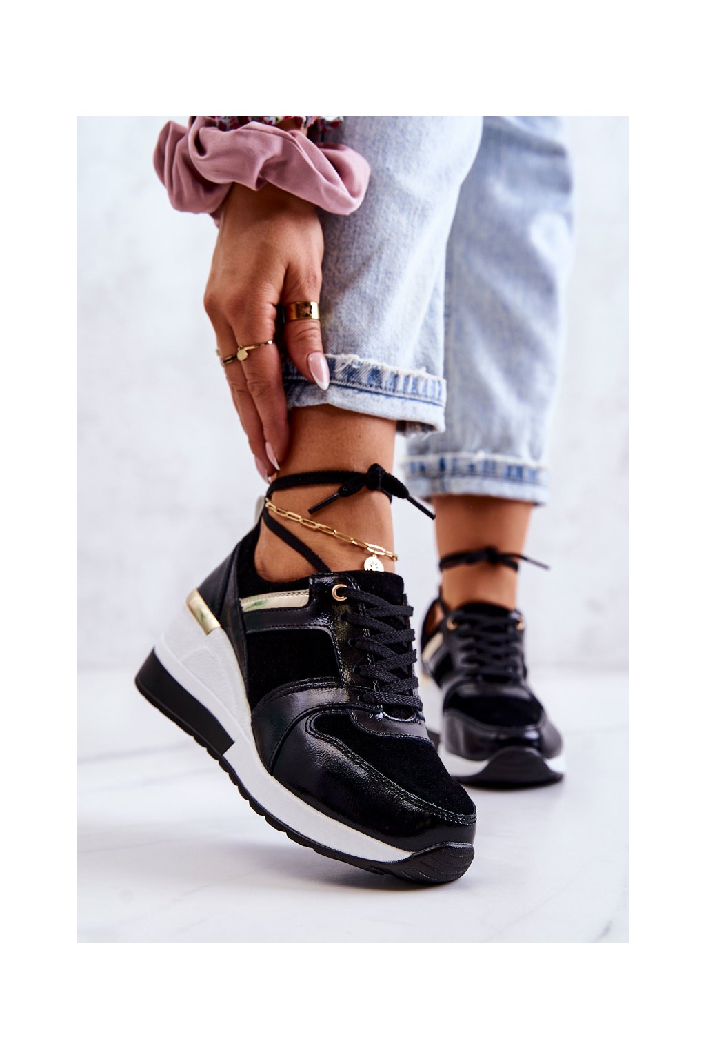 Čierne dámske kožené tenisky na platforme s okrúhlou špičkou, kód produktu AL21405 BLK/WHT