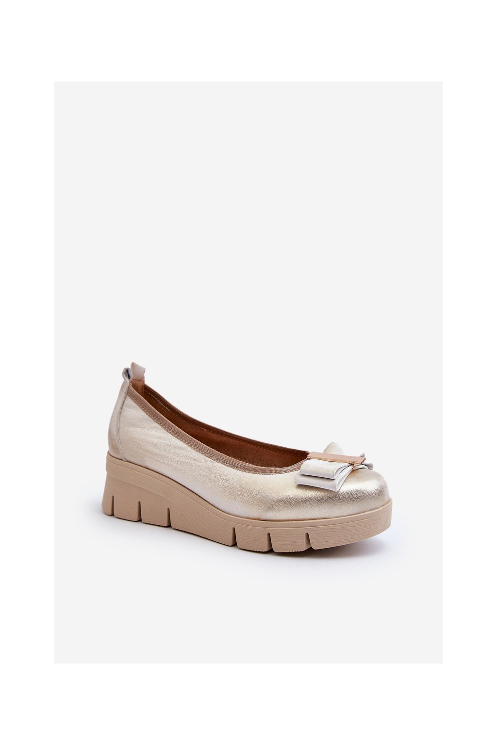 Zlaté dámske kožené baleríny na platforme s prírodnou kožou, kód produktu 3384 ZŁOTY PRZECIER