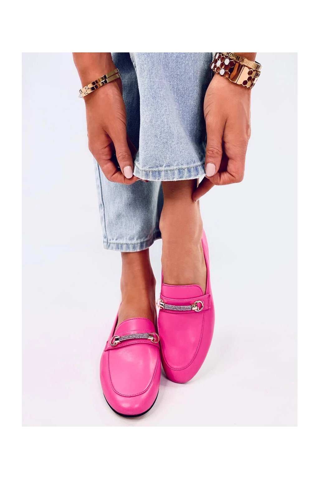 Ružové dámske elegantné mokasíny z eko kože s kamienkami, kód produktu 3952