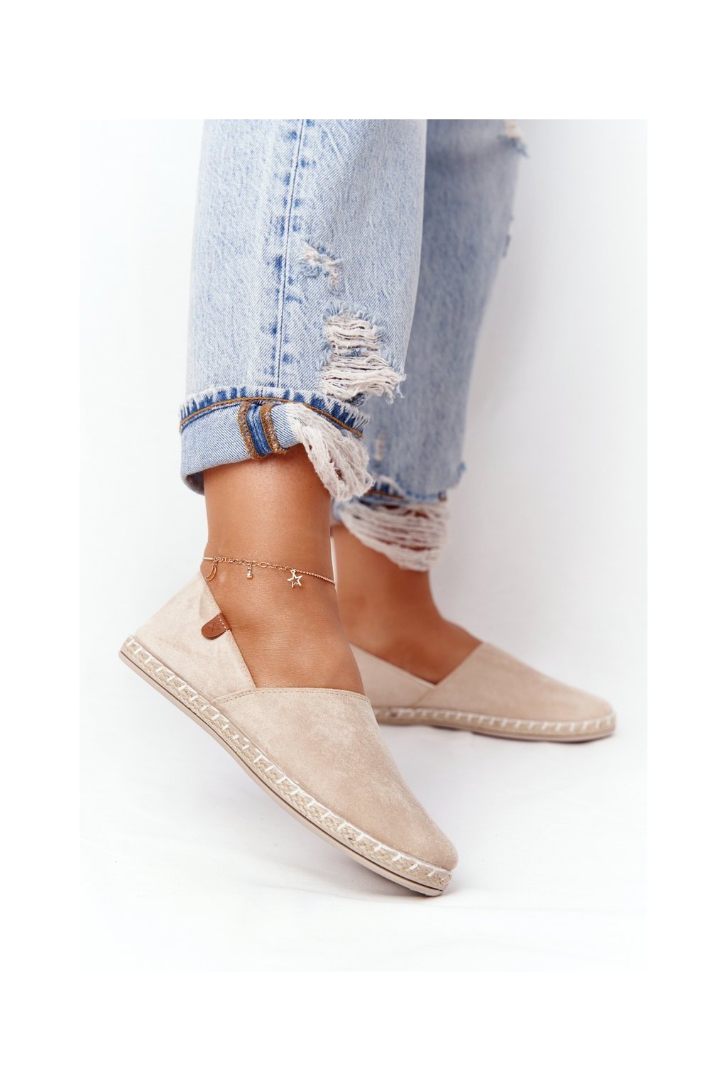Béžové dámske espadrilky z eko kože na rovnej podrážke, kód produktu 20TX02-2416 BEIGE