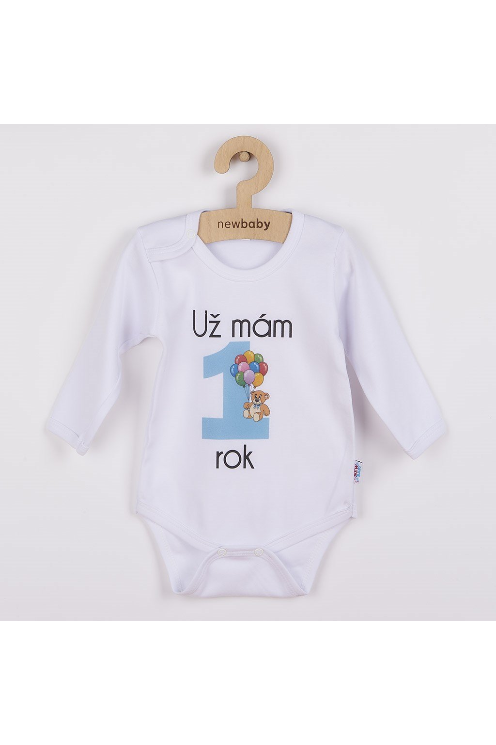 Modré detské bavlnené body s nápisom Už mám 1 rok, New Baby, kód produktu 2833