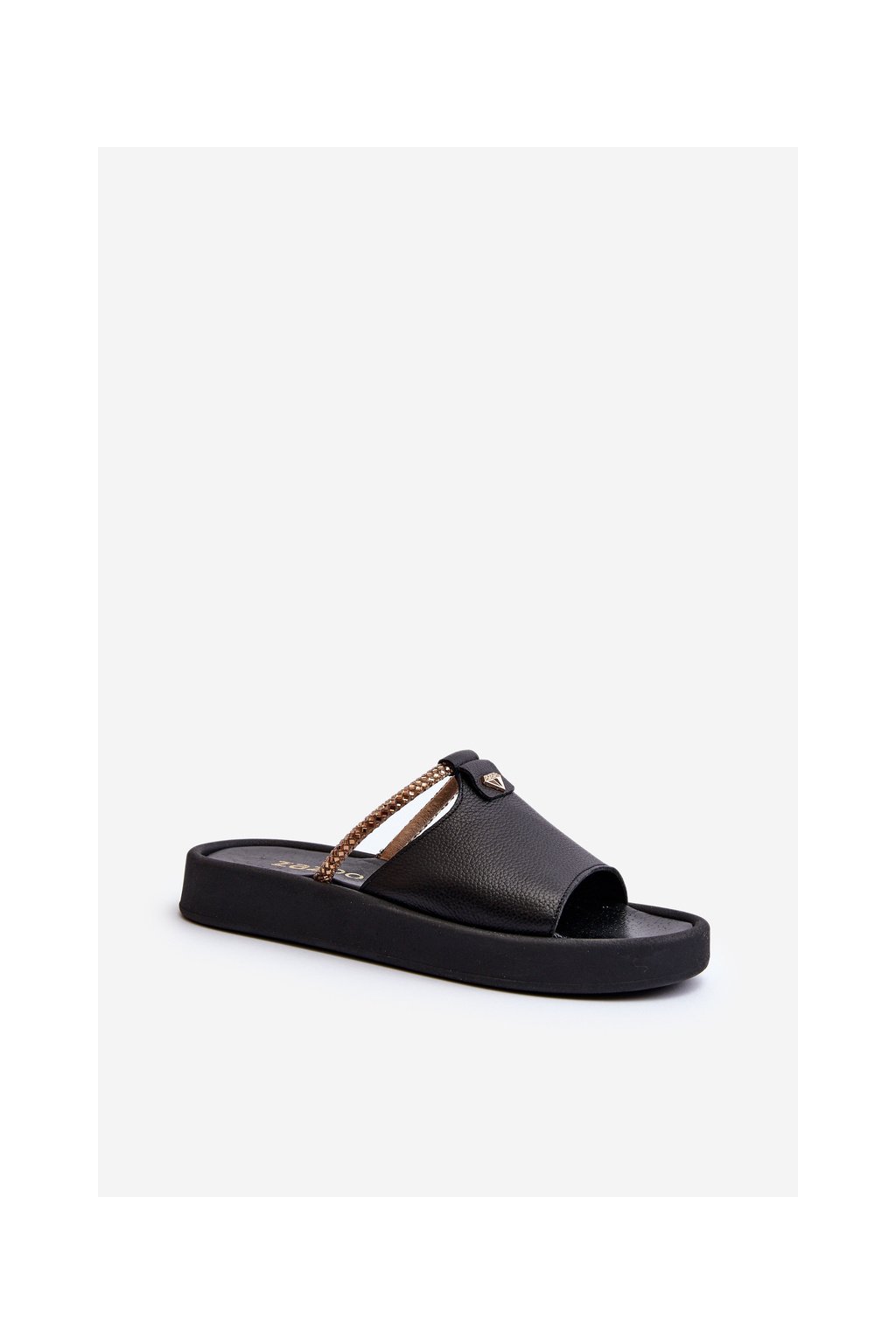 Čierne dámske papuče z prírodnej kože s trblietavými kamienkami, kód produktu 2896/056