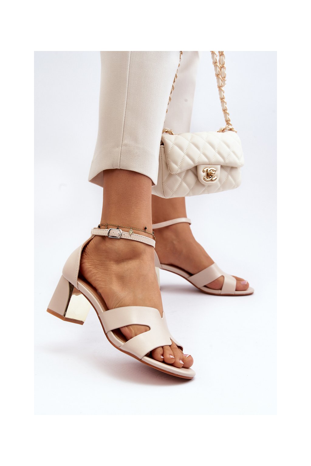 Béžové dámske sandále na hrubom opätku s eko kožou, kód produktu LL-326P BEIGE