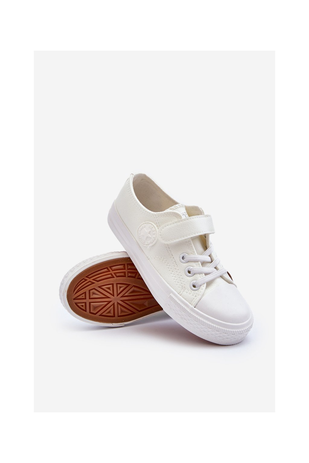 Biele detské tenisky z eko kože na rovnej podrážke s suchým zipsom, kód produktu 22DZ02-1004 WHITE