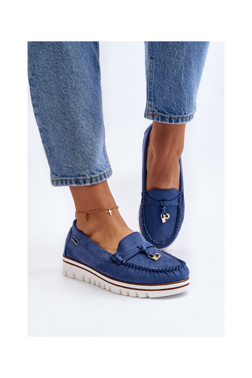 Dámske modré mokasíny z eko semišu na platforme s prírodnou koženou vložkou, kód produktu JH103-47 BLUE