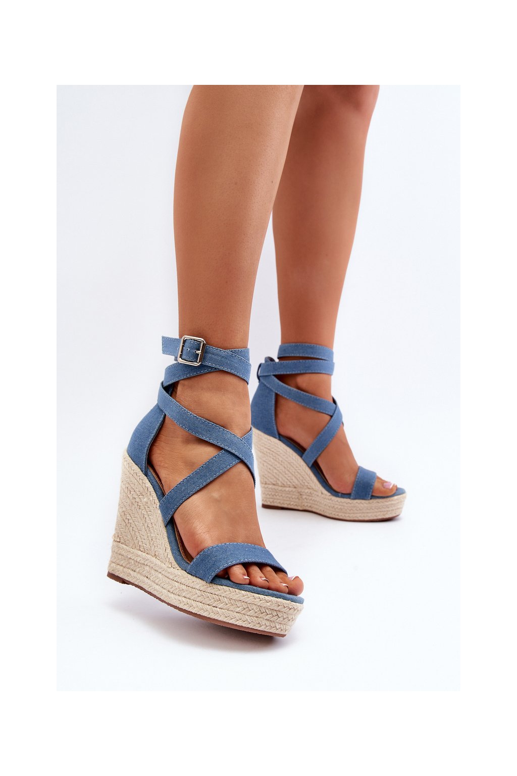 Modré dámske sandále z eko semišu na platforme a klinovom podpätku, kód produktu H8-688 BLUE