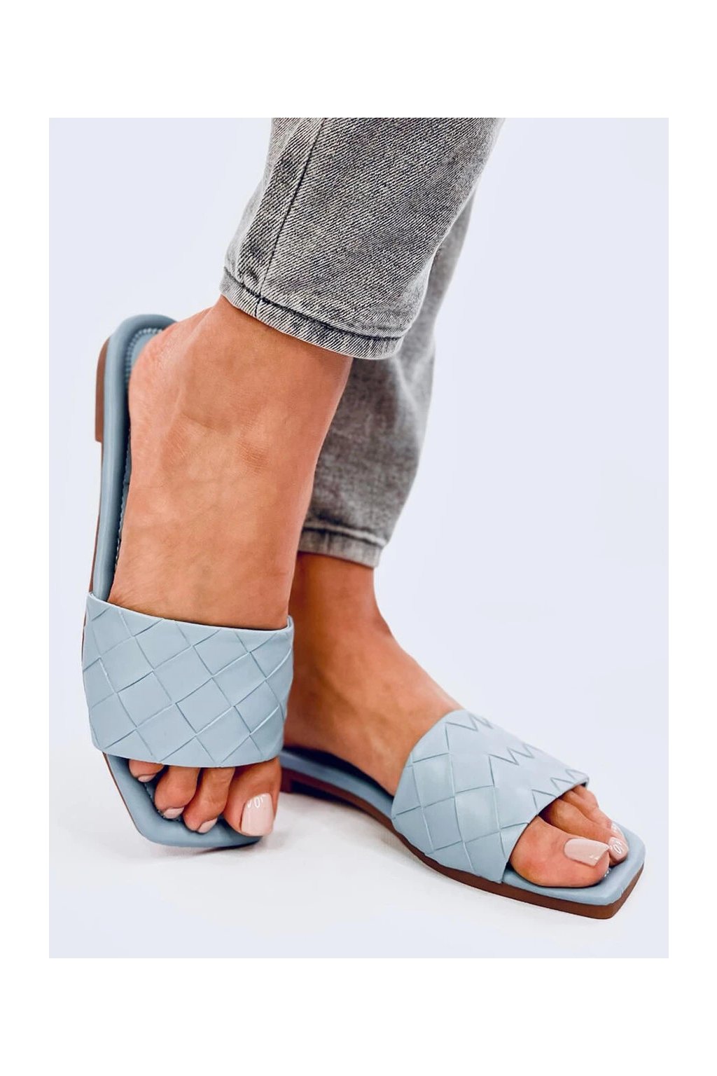 Dámske modré šľapky z eko kože na bežné nosenie, kód produktu 55-41