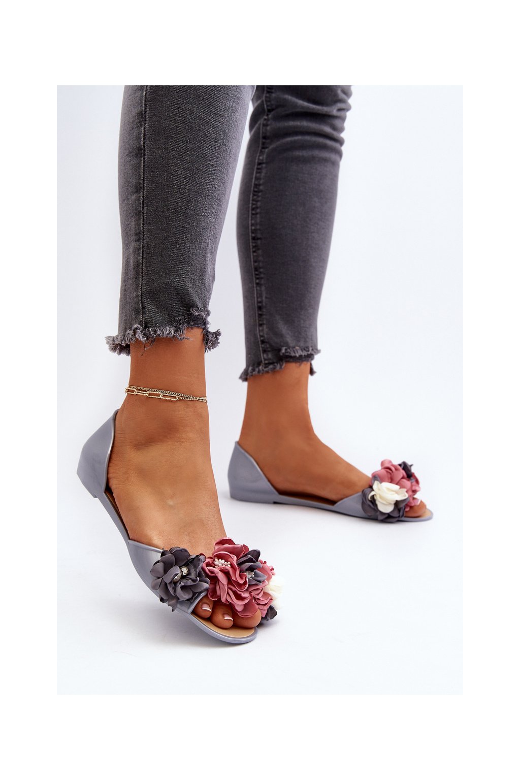 Dámske sivé gumené balerínky na plochej podrážke s eko koženou vložkou, kód produktu CK298P GREY