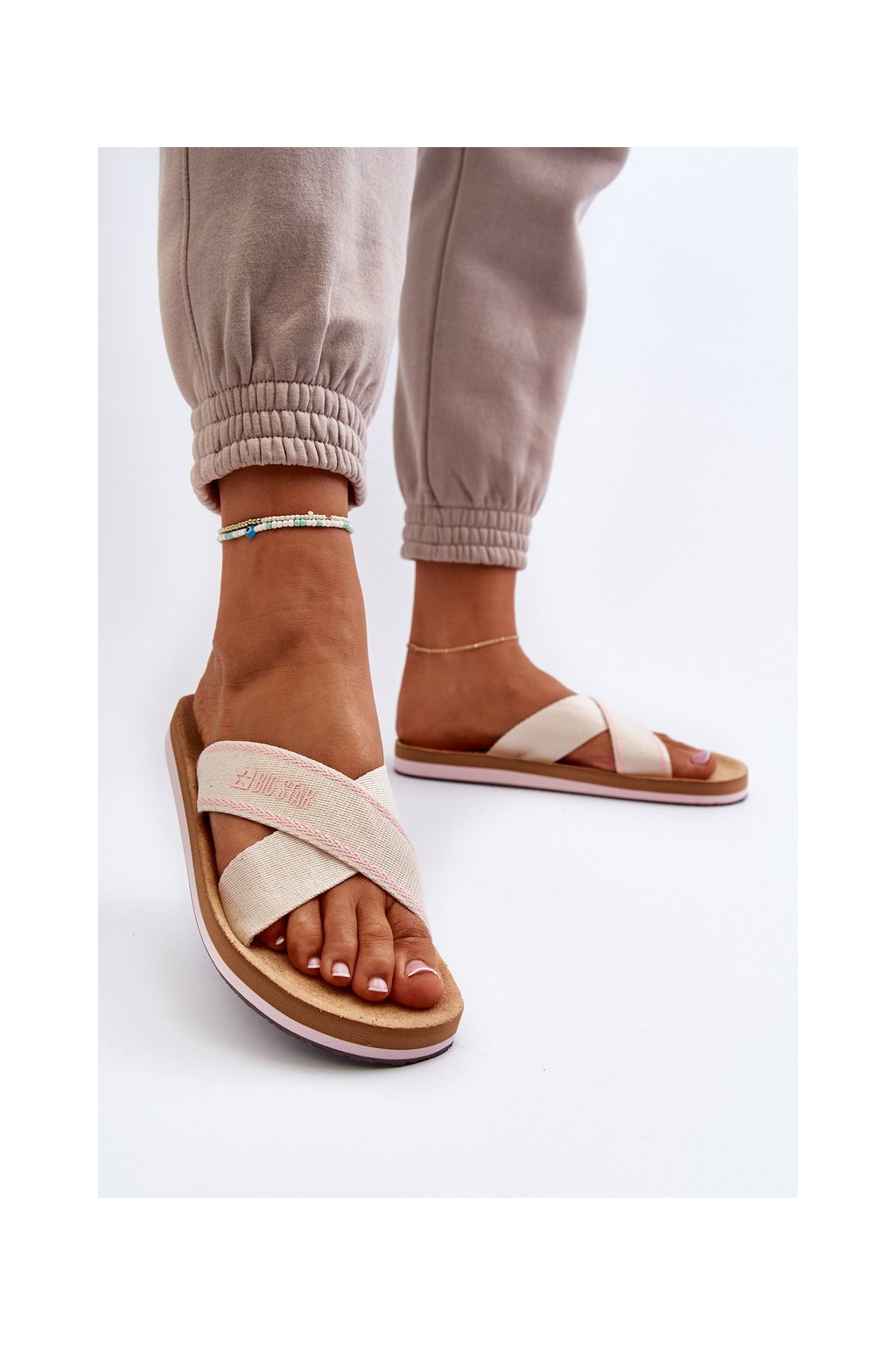 Béžové dámske šľapky z textilu na rovnej podrážke Big Star, kód produktu NN274A057 BEŻ