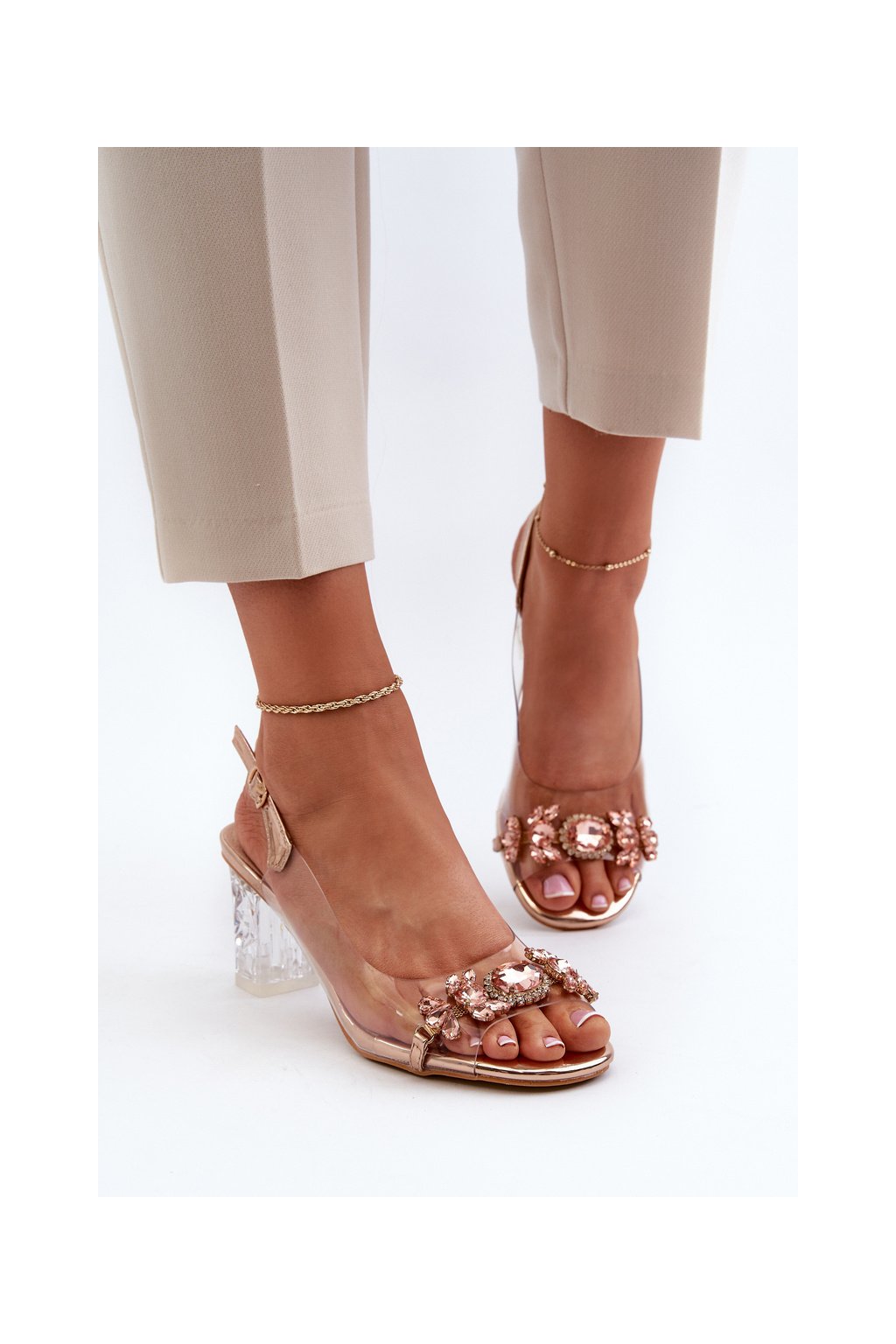 Ružové dámske sandále na stĺpovom podpätku s prírodnou kožou, kód produktu MR38-444 ROSE