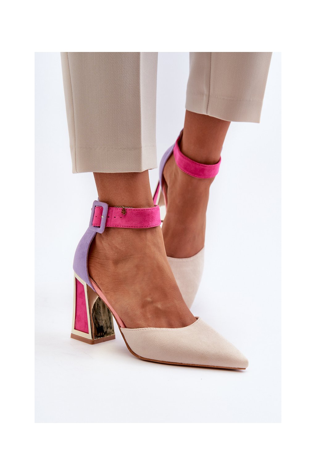 Dámske viacfarebné lodičky z eko semišu na stĺpovom podpätku, kód produktu 0695 MULTI